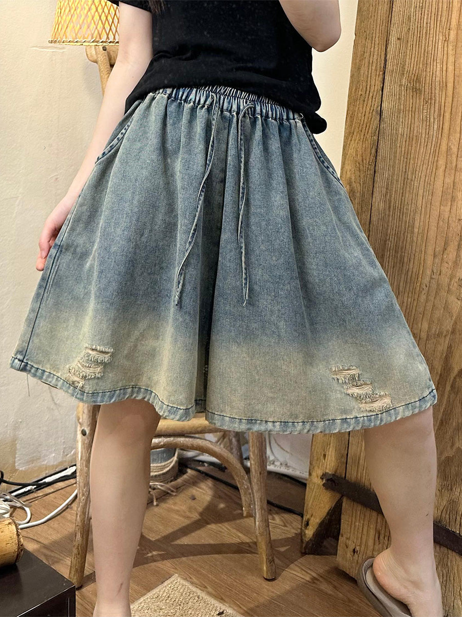 Women Summer Vintage Frayed Denim Fifth Pants HH009 BUYKUD