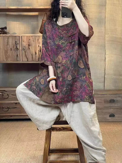 Women Summer Ethnic Flower Buckle O-Neck Linen Shirt HH010 BUYKUD