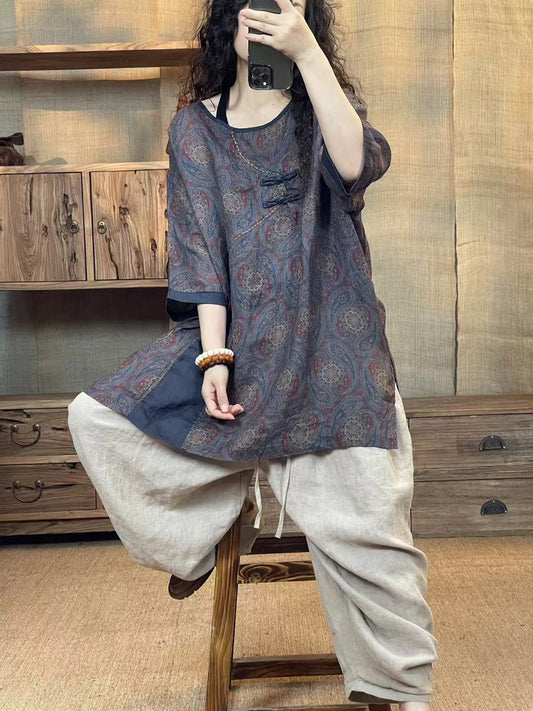 Women Summer Ethnic Flower Buckle O-Neck Linen Shirt HH010 BUYKUD