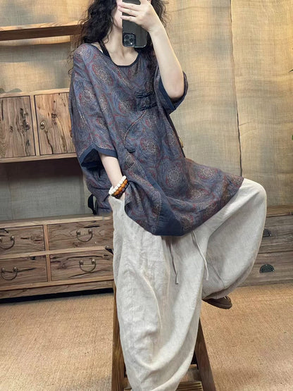 Women Summer Ethnic Flower Buckle O-Neck Linen Shirt HH010 BUYKUD