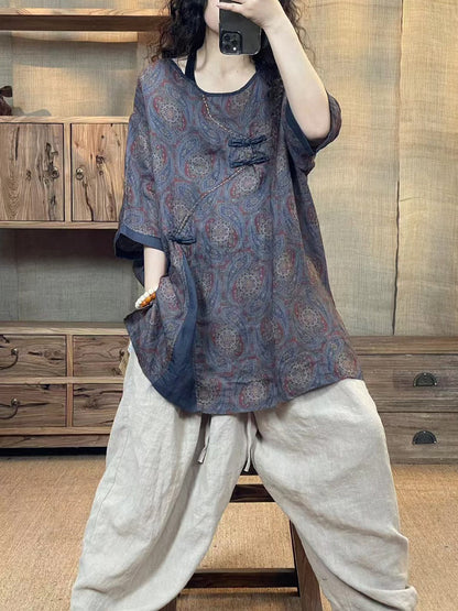 Women Summer Ethnic Flower Buckle O-Neck Linen Shirt HH010 BUYKUD