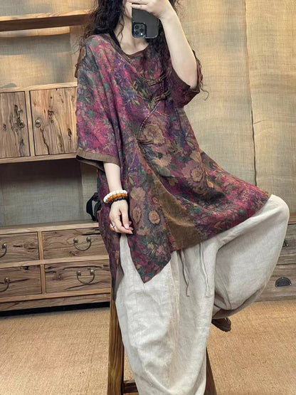 Women Summer Ethnic Flower Buckle O-Neck Linen Shirt HH010 BUYKUD