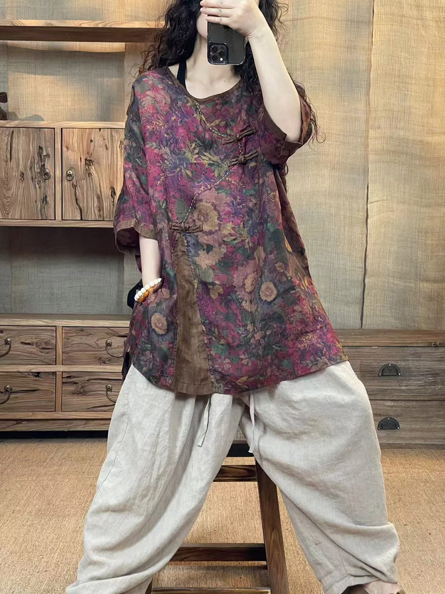 Women Summer Ethnic Flower Buckle O-Neck Linen Shirt HH010 BUYKUD