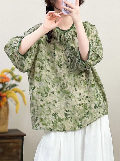 Women Summer  Artsy Flower O-Neck Ramie Shirt HH011 BUYKUD