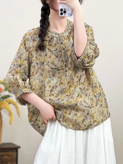 Women Summer  Artsy Flower O-Neck Ramie Shirt HH011 BUYKUD