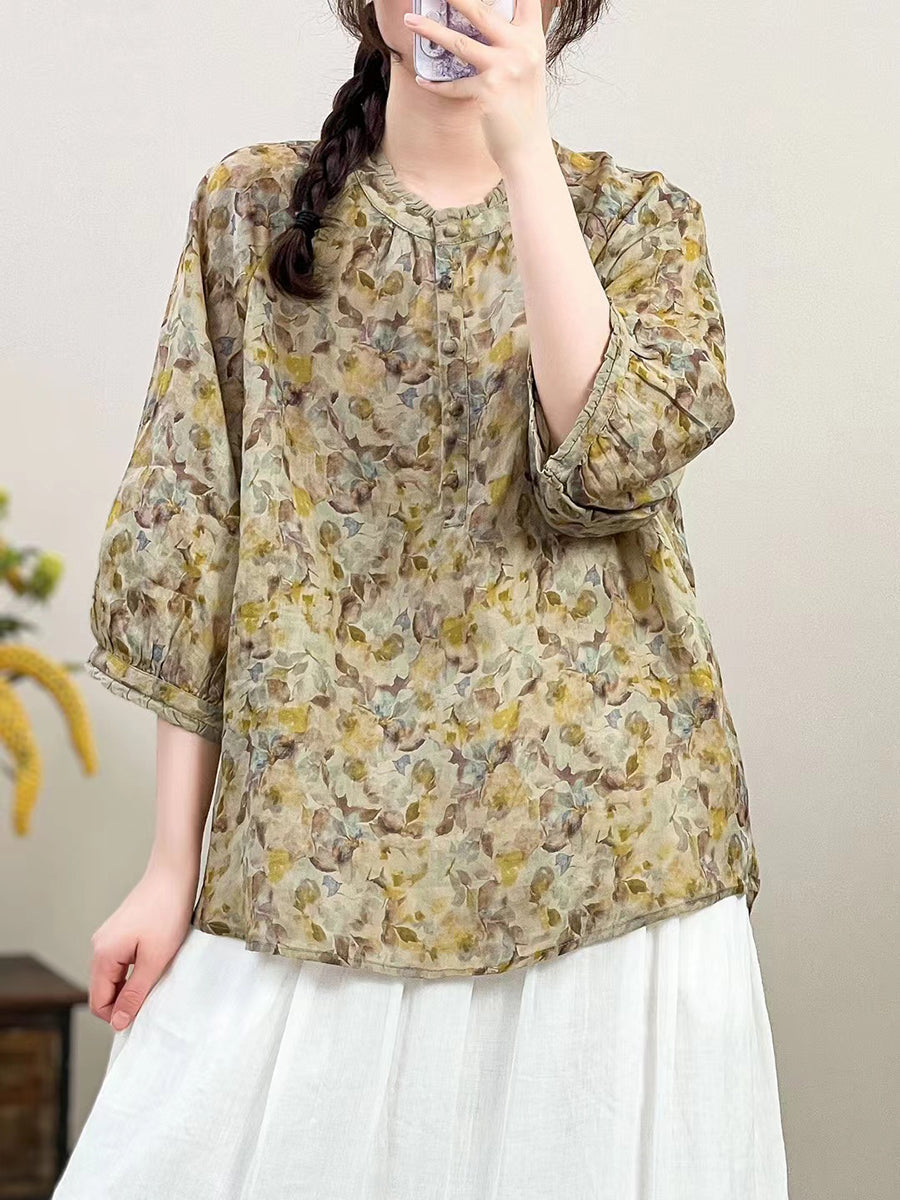 Women Summer  Artsy Flower O-Neck Ramie Shirt HH011 BUYKUD