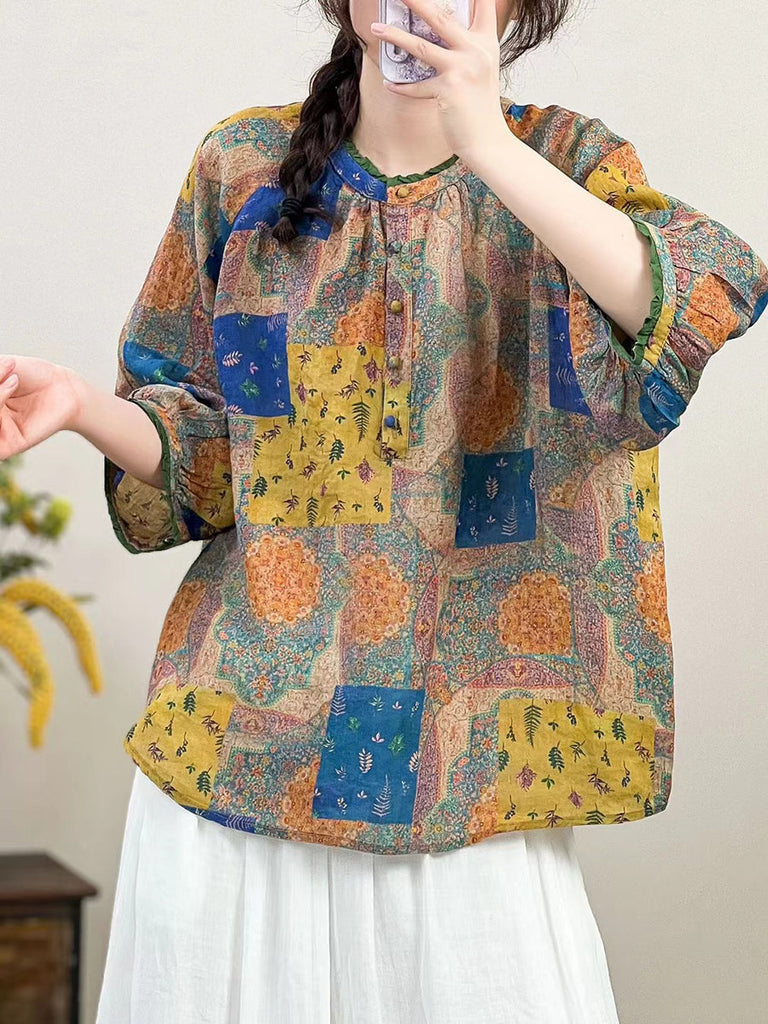 Women Summer  Artsy Flower O-Neck Ramie Shirt HH011 BUYKUD