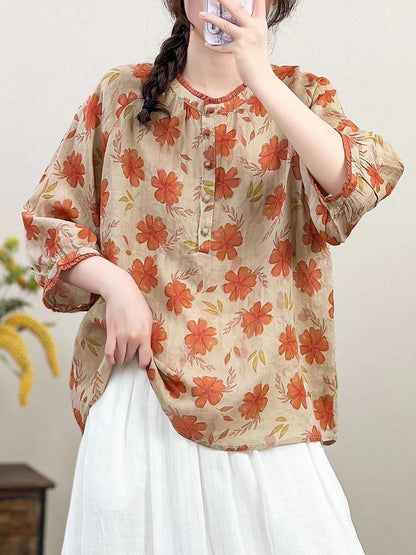 Women Summer  Artsy Flower O-Neck Ramie Shirt HH011 BUYKUD