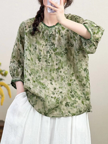 Women Summer  Artsy Flower O-Neck Ramie Shirt HH011 BUYKUD