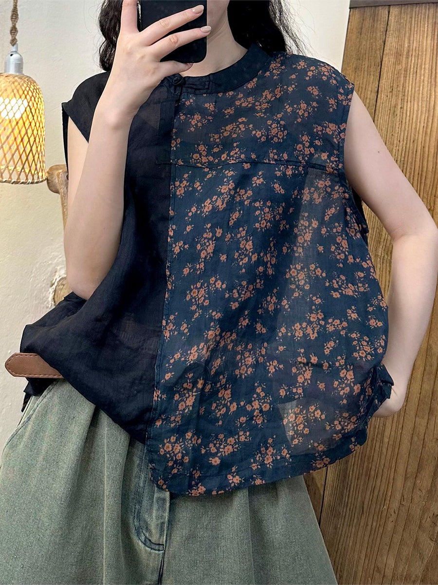 Women Summer Vintage Flower Spliced O-Neck Ramie Shirt HH015 HLCP