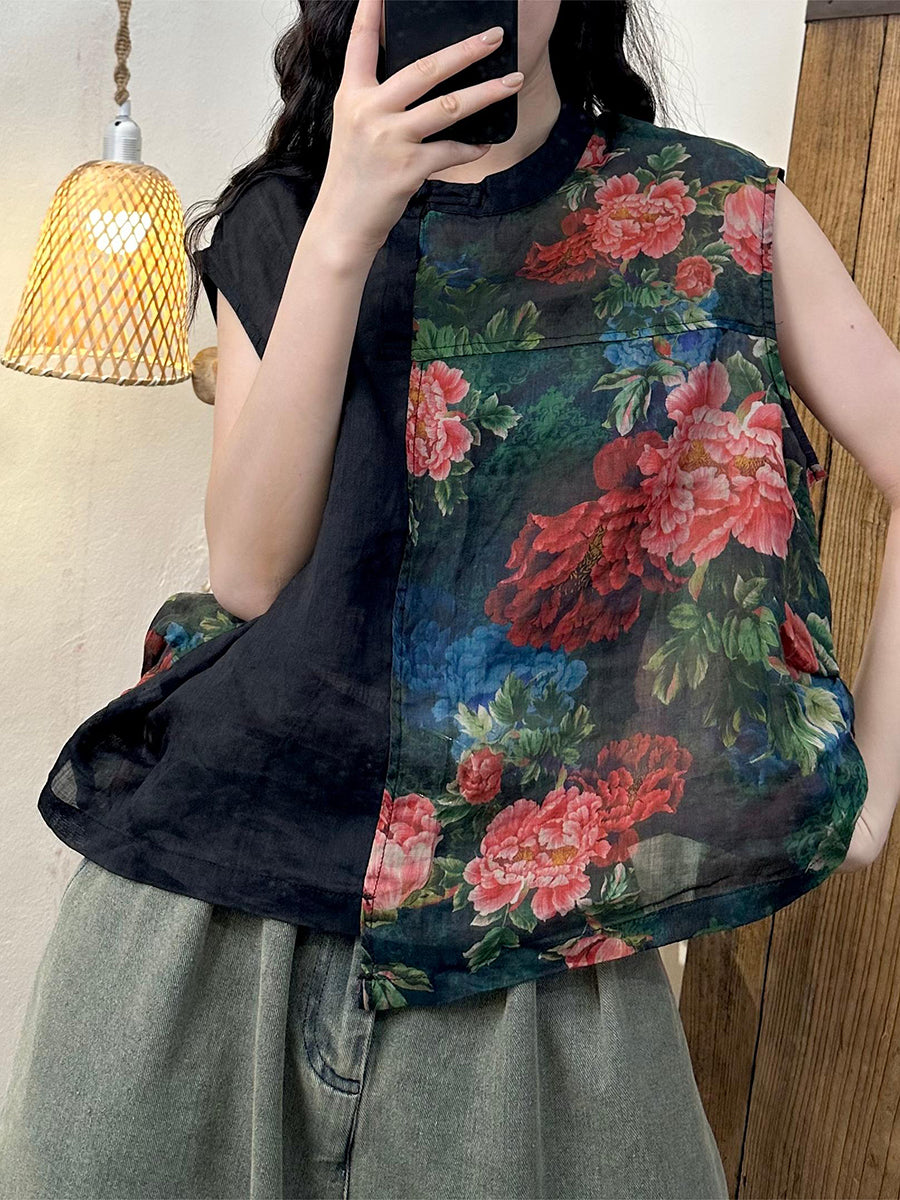 Women Summer Vintage Flower Spliced O-Neck Ramie Shirt HH015 HLCP