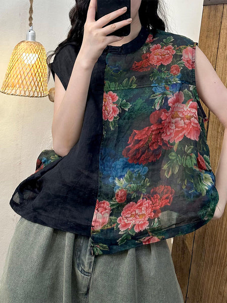 Women Summer Vintage Flower Spliced O-Neck Ramie Shirt HH015 HLCP