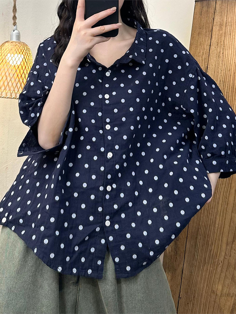 Women Summer Casual Dot Button-up Cotton Shirt HH020 HLCP