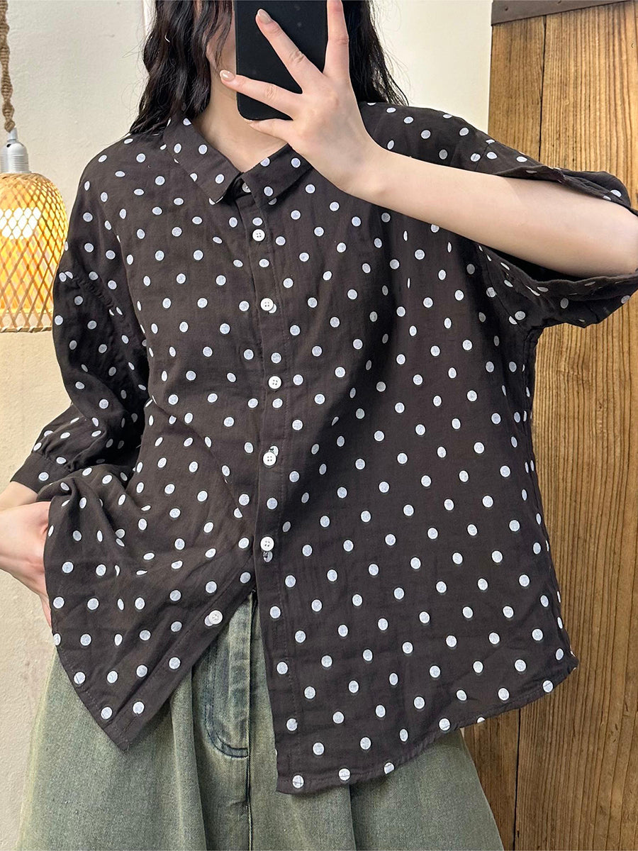 Women Summer Casual Dot Button-up Cotton Shirt HH020 HLCP