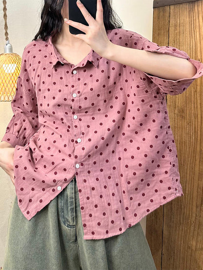 Women Summer Casual Dot Button-up Cotton Shirt HH020 HLCP