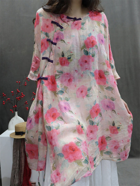 Plus Size Women Artsy Flower Button 100%Ramie Loose Shirt HH029 BK