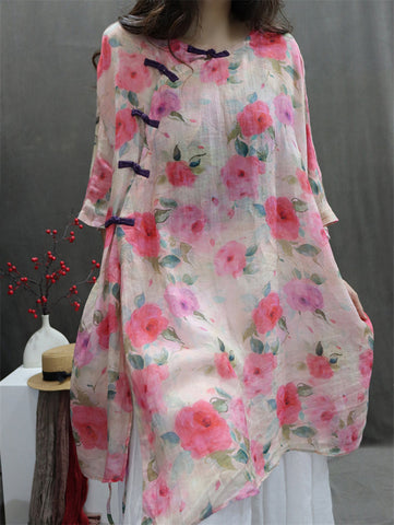 Plus Size Women Artsy Flower Button 100%Ramie Loose Shirt HH029 BK