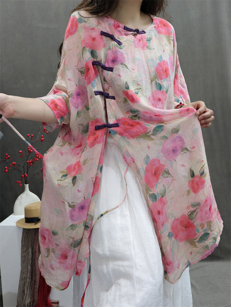 Plus Size Women Artsy Flower Button 100%Ramie Loose Shirt HH029 BK