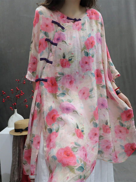 Plus Size Women Artsy Flower Button 100%Ramie Loose Shirt HH029 BK