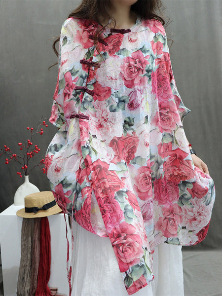 Plus Size Women Artsy Flower Button 100%Ramie Loose Shirt HH029 BK