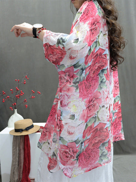 Plus Size Women Artsy Flower Button 100%Ramie Loose Shirt HH029 BK