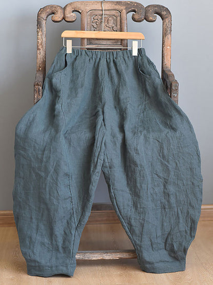 Women Summer Vintage Solid Linen Harem Pants LL029 BUYKUD