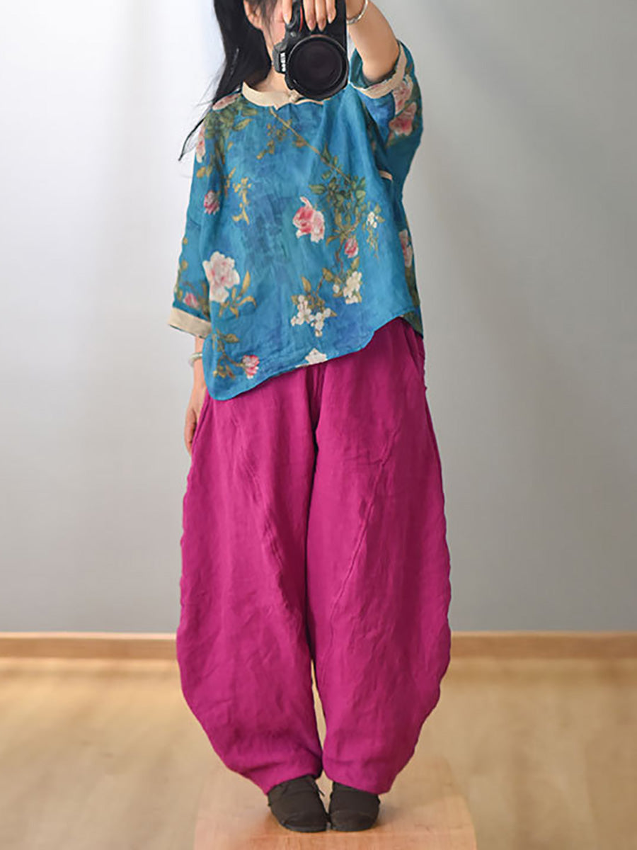 Women Summer Vintage Solid Linen Harem Pants LL029 BUYKUD