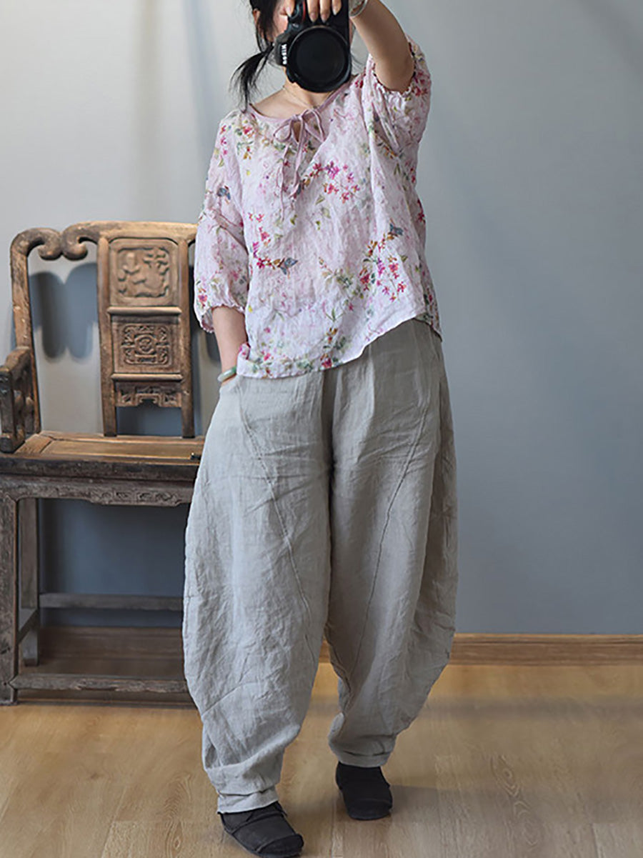 Women Summer Vintage Solid Linen Harem Pants LL029 BUYKUD