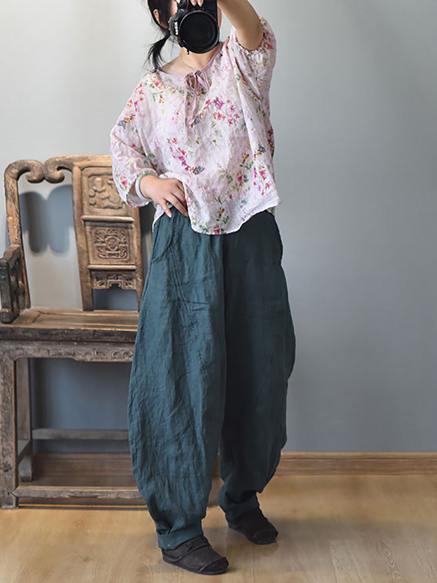 Women Summer Vintage Solid Linen Harem Pants LL029 BUYKUD