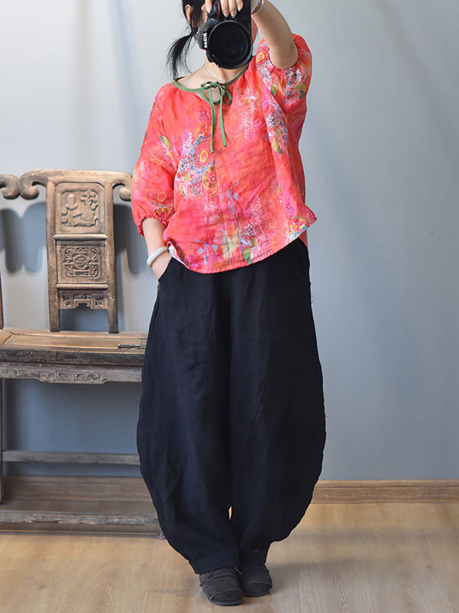 Women Summer Vintage Solid Linen Harem Pants LL029 BUYKUD