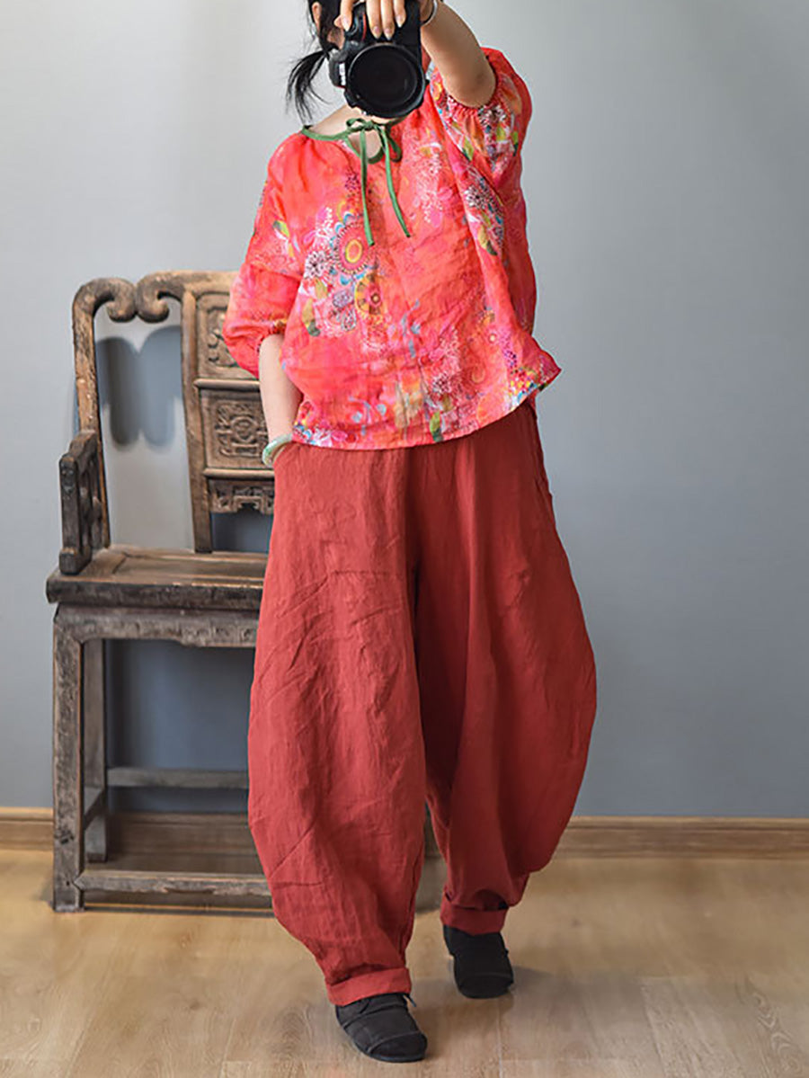 Women Summer Vintage Solid Linen Harem Pants LL029 BUYKUD