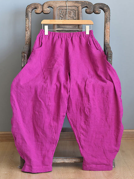 Women Summer Vintage Solid Linen Harem Pants LL029 BUYKUD