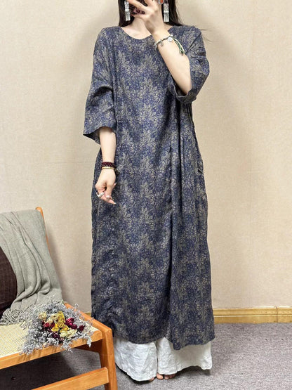 Women Summer Vintage Flower Linen O-Neck Loose Dress LL030 BUYKUD