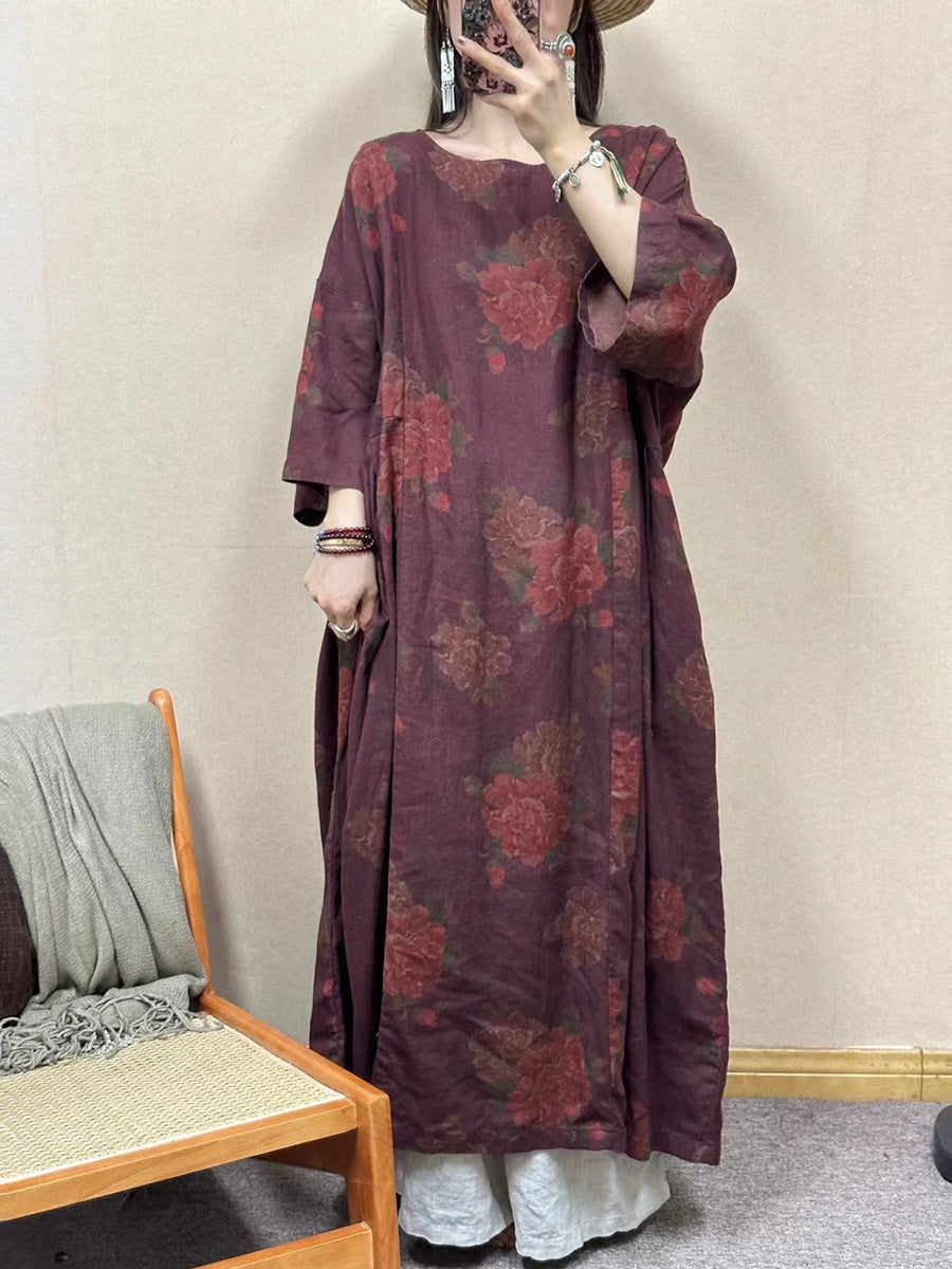 Women Summer Vintage Flower Linen O-Neck Loose Dress LL030 BUYKUD