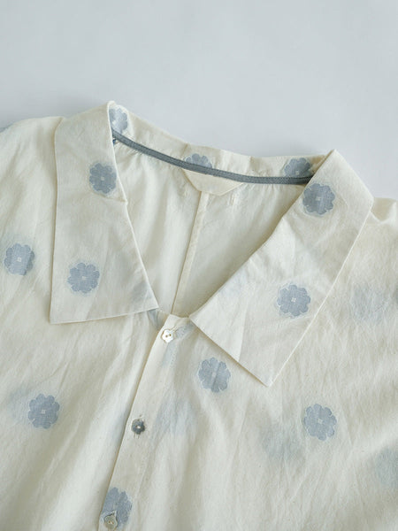 Women Summer Artsy Flower Jacquard Button-up Cotton Shirt LL031 BUYKUD
