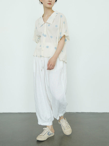 Women Summer Artsy Flower Jacquard Button-up Cotton Shirt LL031 BUYKUD