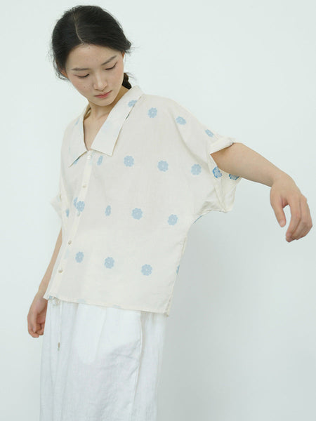 Women Summer Artsy Flower Jacquard Button-up Cotton Shirt LL031 BUYKUD