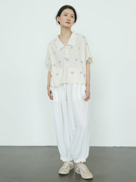 Women Summer Artsy Flower Jacquard Button-up Cotton Shirt LL031 BUYKUD