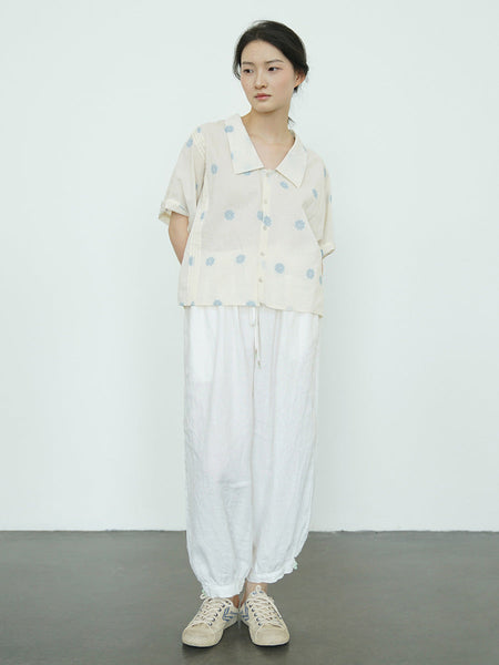 Women Summer Artsy Flower Jacquard Button-up Cotton Shirt LL031 BUYKUD