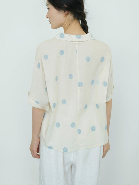 Women Summer Artsy Flower Jacquard Button-up Cotton Shirt LL031 BUYKUD