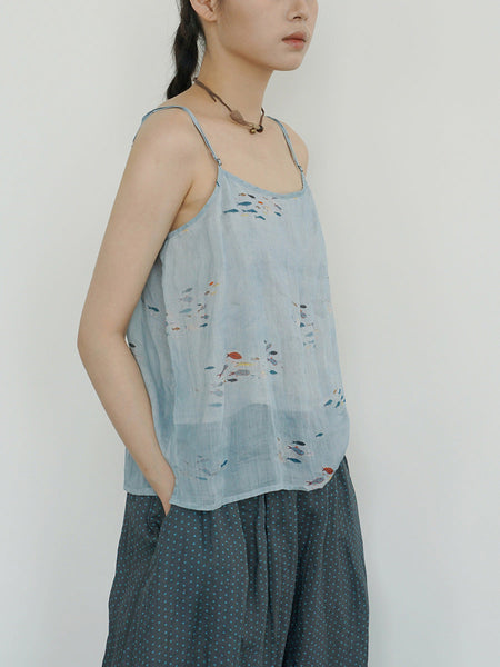 Women Summer Artsy Floral Thin Ramie Vest LL032 BUYKUD