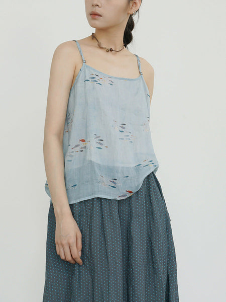 Women Summer Artsy Floral Thin Ramie Vest LL032 BUYKUD