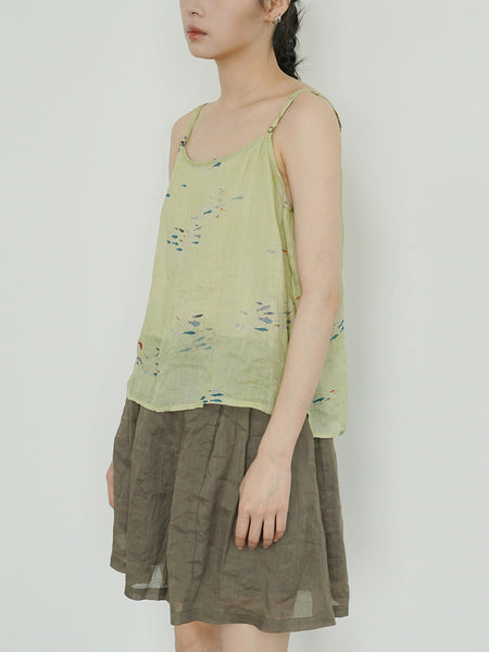 Women Summer Artsy Floral Thin Ramie Vest LL032 BUYKUD