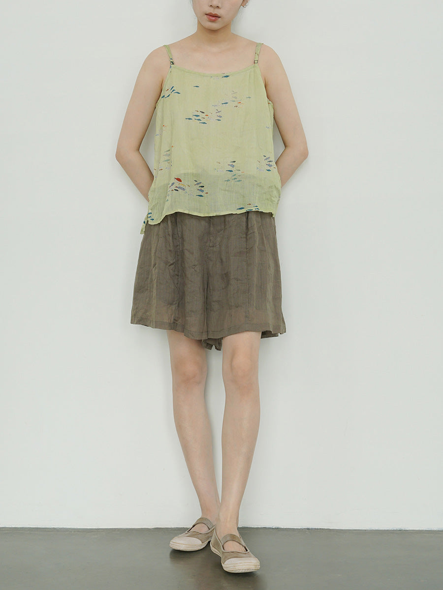 Women Summer Artsy Floral Thin Ramie Vest LL032 BUYKUD