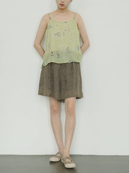 Women Summer Artsy Floral Thin Ramie Vest LL032 BUYKUD