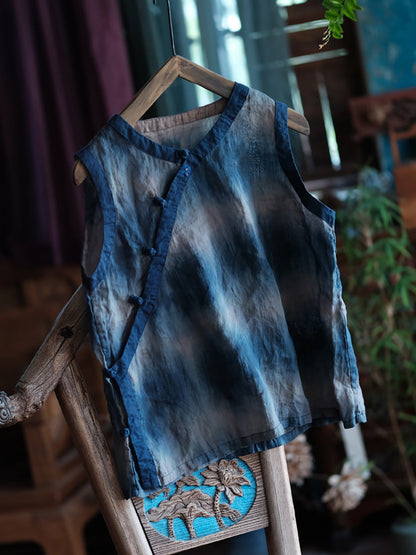 Women Summer Vintage Tie-dye Spliced Ramie Vest LL033 BUYKUD