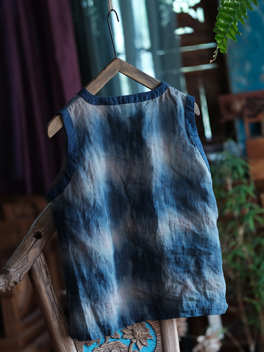 Women Summer Vintage Tie-dye Spliced Ramie Vest LL033 BUYKUD