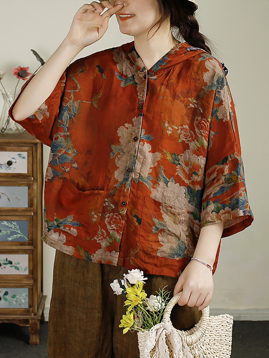 Women Summer Flower Print Button-up Ramie Hooded Shirt LL036 BUYKUD