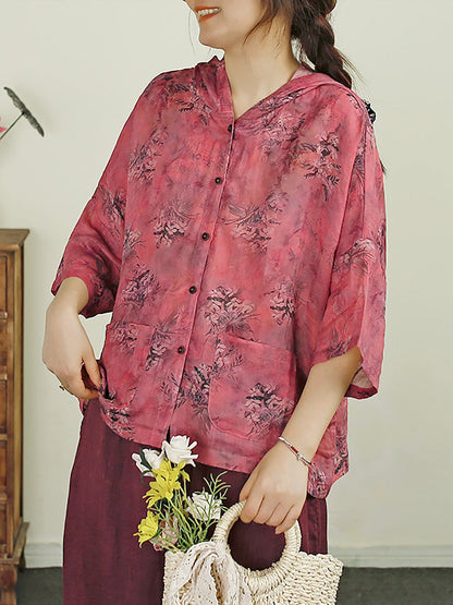 Women Summer Flower Print Button-up Ramie Hooded Shirt LL036 BUYKUD