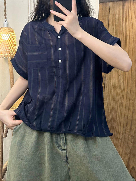 Women Summer Casual Stripe Colorblock Linen Loose Shirt LL045 BUYKUD